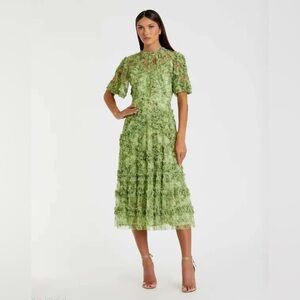 Mac Duggal Green Floral Ruffle Midi Dress | Illusion Neckline NWT
